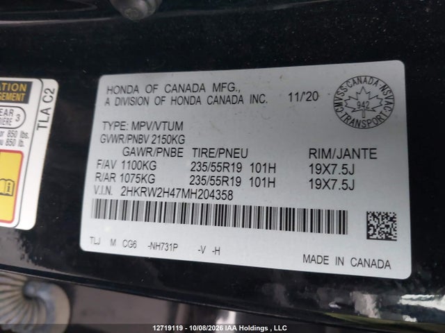 Aukcja sprzedaży 2021 Honda Cr-v Sport, vin: 2HKRW2H47MH204358, numer aukcji: 12719119