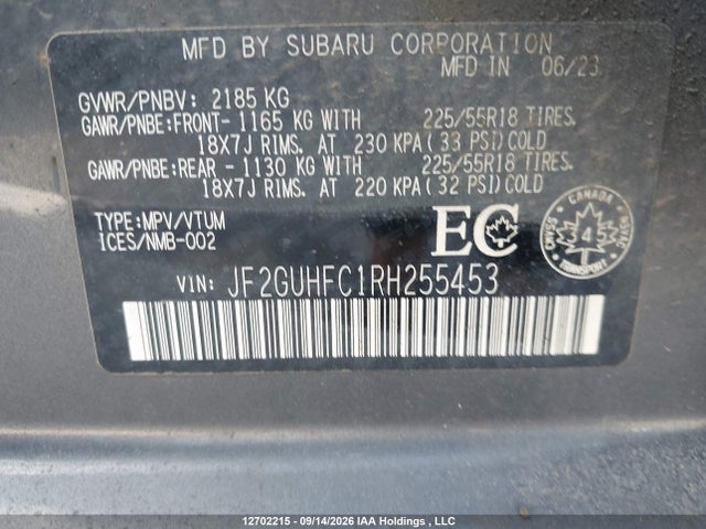 12702215 :رقم المزاد ، JF2GUHFC1RH255453 vin ، 2024 Subaru Crosstrek Onyx مزاد بيع