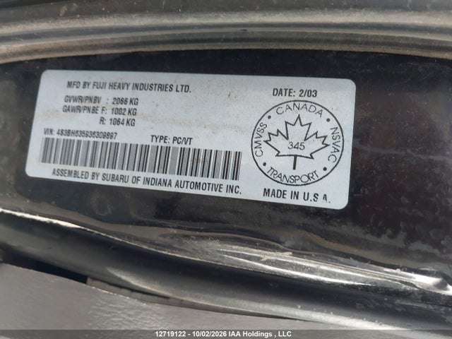 Aukcja sprzedaży 2003 Subaru Legacy L/l Special, vin: 4S3BH635936309897, numer aukcji: 12719122