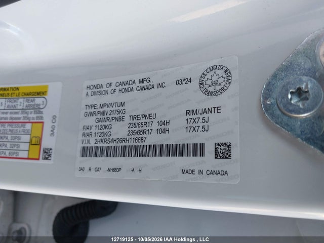 12719125 :رقم المزاد ، 2HKRS4H26RH116687 vin ، 2024 Honda Cr-v Lx مزاد بيع
