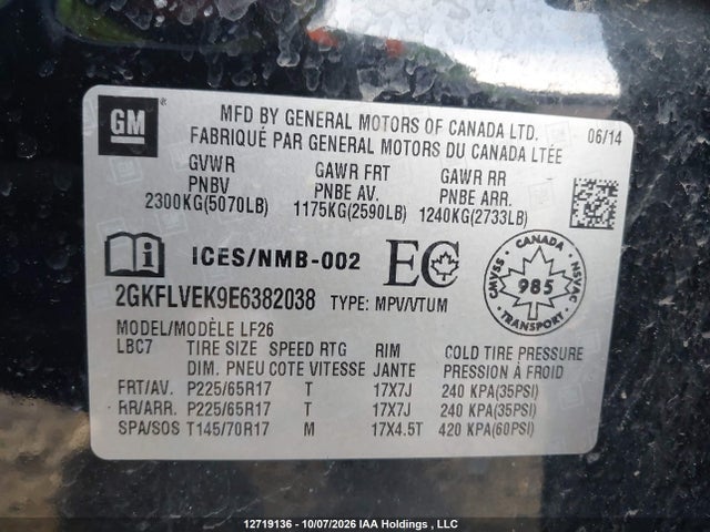 12719136 :رقم المزاد ، 2GKFLVEK9E6382038 vin ، 2014 Gmc Terrain Sle-1 مزاد بيع