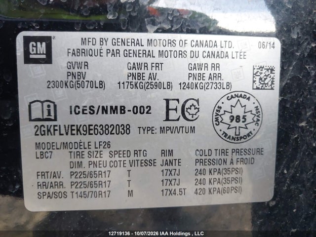 12719136 :رقم المزاد ، 2GKFLVEK9E6382038 vin ، 2014 Gmc Terrain Sle-1 مزاد بيع