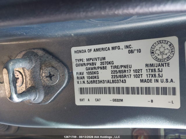 2010 Honda Cr-v Lx მანქანა იყიდება აუქციონზე, vin: 5J6RE3H31AL803743, აუქციონის ნომერი: 12671709