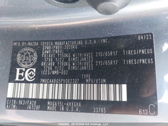 12698999 :رقم المزاد ، 7MUCAABG5PV062307 vin ، 2023 Toyota Corolla Cross Le مزاد بيع