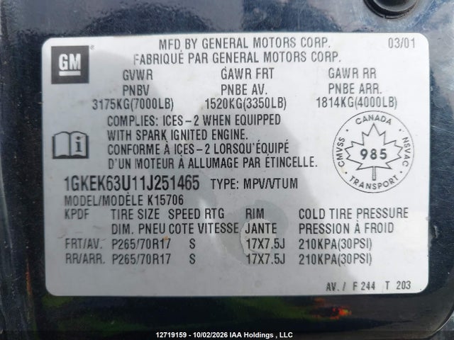 12719159 :رقم المزاد ، 1GKEK63U11J251465 vin ، 2001 Gmc Denali مزاد بيع