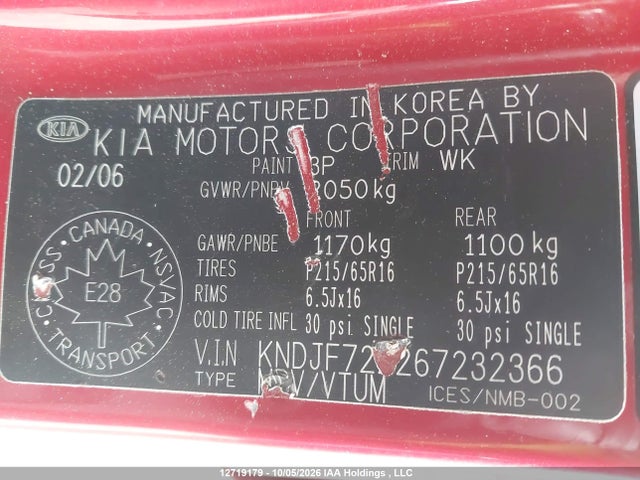 Продажа на аукционе авто 2006 Kia New Sportage, vin: KNDJF722267232366, номер лота: 12719179