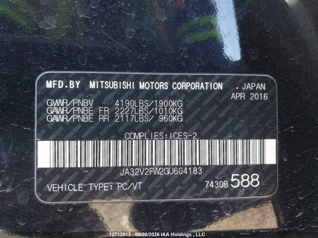 Продаж на аукціоні авто 2016 Mitsubishi Lancer Es/gts/se Ltd, vin: JA32V2FW2GU604183, номер лоту: 12712613