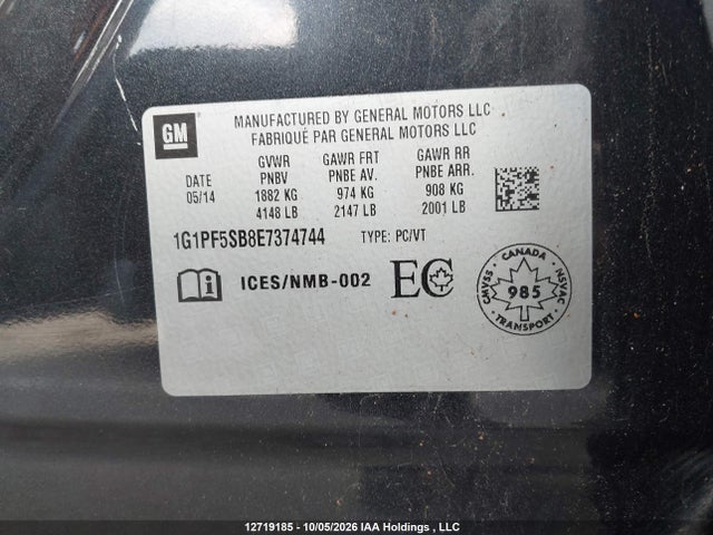 12719185 :رقم المزاد ، 1G1PF5SB8E7374744 vin ، 2014 Chevrolet Cruze Lt مزاد بيع