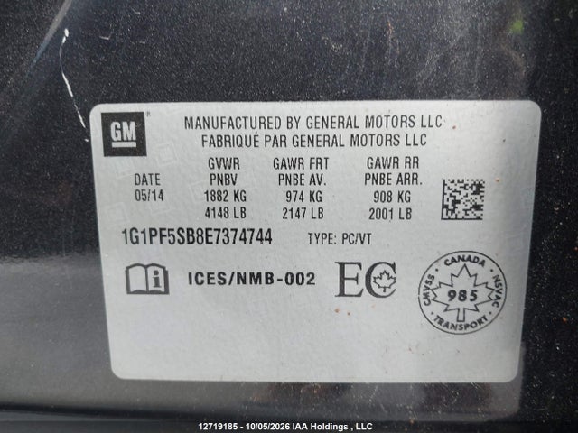 12719185 :رقم المزاد ، 1G1PF5SB8E7374744 vin ، 2014 Chevrolet Cruze Lt مزاد بيع