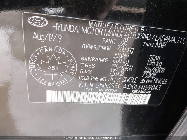 Продаж на аукціоні авто 2020 Hyundai Santa Fe Preferred Awd With Sun And Leather Package, vin: 5NMS3CAD0LH159043, номер лоту: 12719199