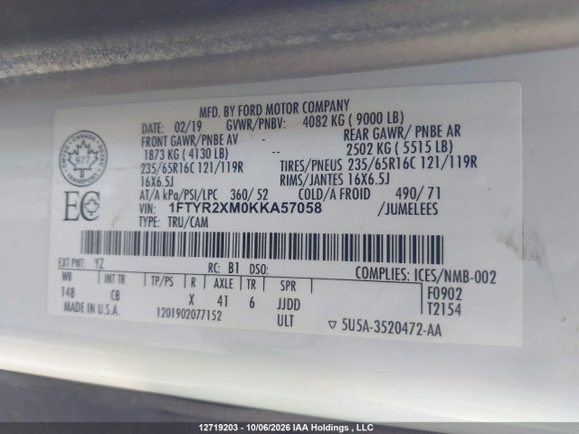 12719203 :رقم المزاد ، 1FTYR2XM0KKA57058 vin ، 2019 Ford Transit-250 مزاد بيع
