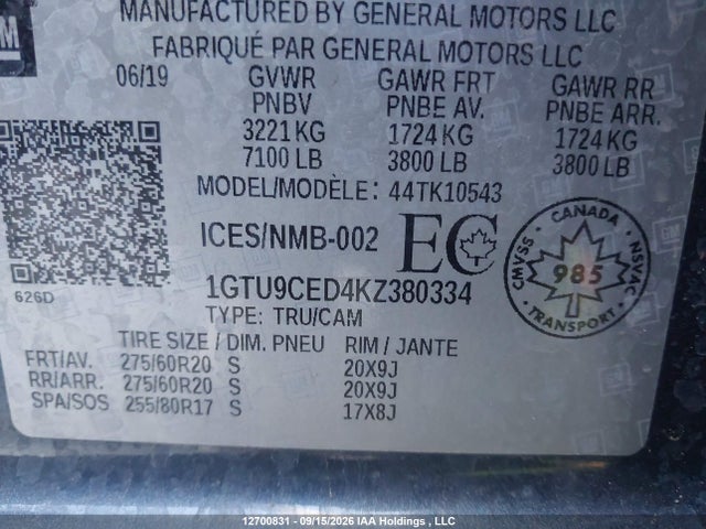Aukcja sprzedaży 2019 Gmc Sierra 1500 Elevation, vin: 1GTU9CED4KZ380334, numer aukcji: 12700831