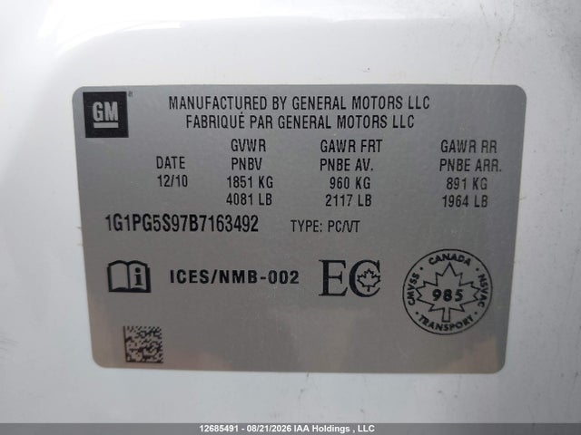 Продаж на аукціоні авто 2011 Chevrolet Cruze Lt Turbo, vin: 1G1PG5S97B7163492, номер лоту: 12685491