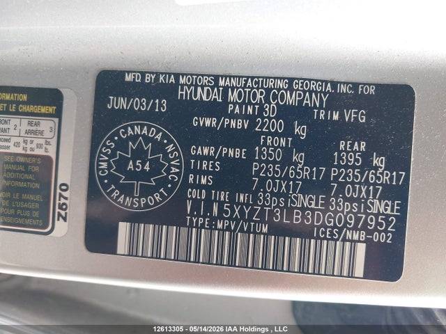 2013 Hyundai Santa Fe Sport მანქანა იყიდება აუქციონზე, vin: 5XYZT3LB3DG097952, აუქციონის ნომერი: 12613305