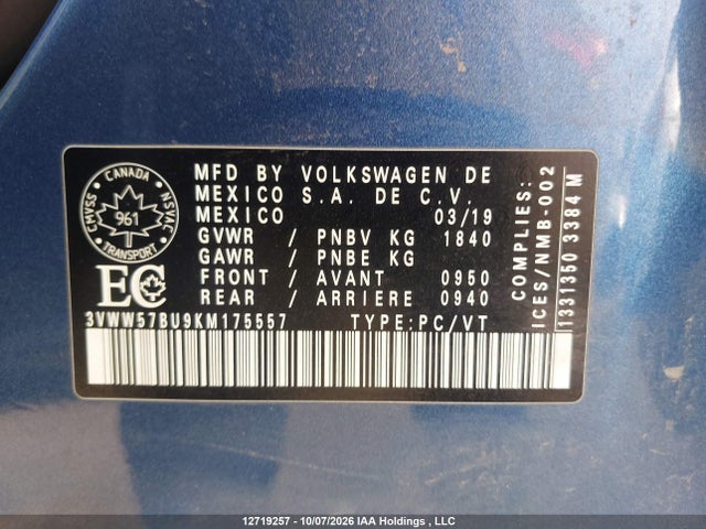 3VWW57BU9KM175557 Volkswagen Jetta 1.4 Tsi Highline
