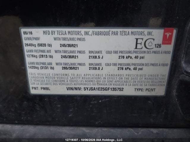 Aukcja sprzedaży 2016 Tesla Model S 60d/70d/75d/85d/90d, vin: 5YJSA1E25GF135752, numer aukcji: 12719307
