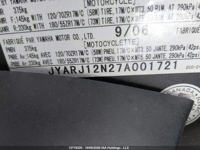 Продаж на аукціоні авто 2007 Yamaha Yzfr6 L, vin: JYARJ12N27A001721, номер лоту: 12719320