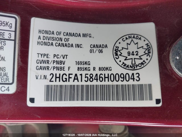 Aukcja sprzedaży 2006 Honda Civic Ex, vin: 2HGFA15846H009043, numer aukcji: 12719328