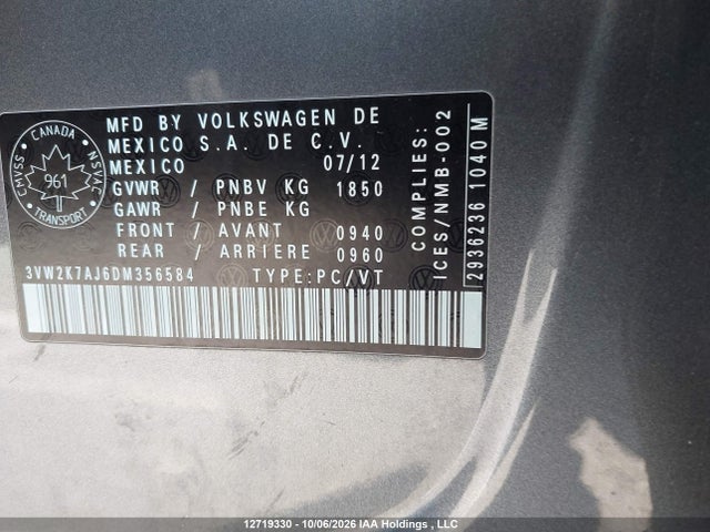 Продаж на аукціоні авто 2013 Volkswagen Jetta S, vin: 3VW2K7AJ6DM356584, номер лоту: 12719330