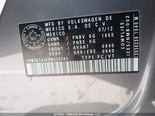 Продаж на аукціоні авто 2013 Volkswagen Jetta S, vin: 3VW2K7AJ6DM356584, номер лоту: 12719330