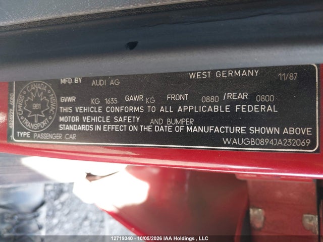 Aukcja sprzedaży 1988 Audi 90, vin: WAUGB0894JA232069, numer aukcji: 12719340