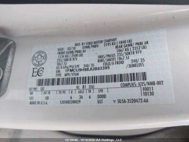 Aukcja sprzedaży 2018 Ford Escape Sel, vin: 1FMCU9H98JUB63395, numer aukcji: 12719349