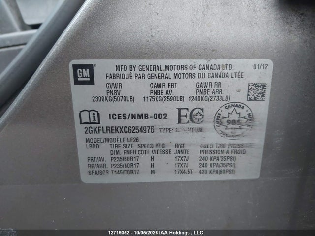 12719352 :رقم المزاد ، 2GKFLREKXC6254976 vin ، 2012 Gmc Terrain مزاد بيع