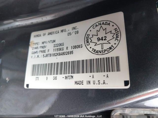 2009 Acura Rdx მანქანა იყიდება აუქციონზე, vin: 5J8TB182X9A802695, აუქციონის ნომერი: 12719365