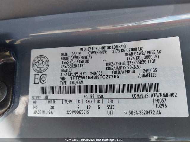 Ford F150 Supercrew 2019 1FTEW1E48KFC27765 Image 9