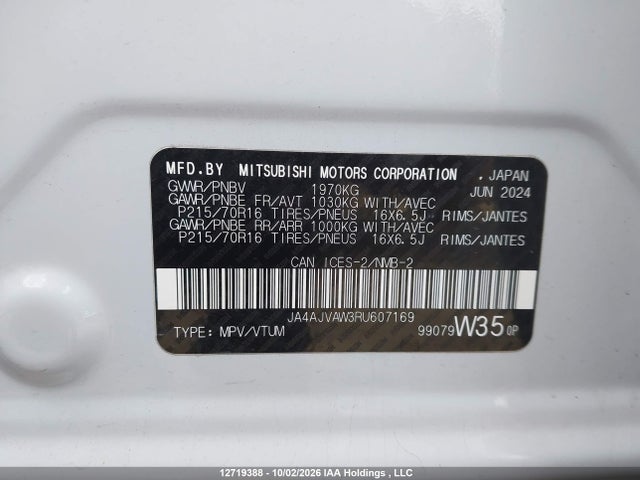 Aukcja sprzedaży 2024 Mitsubishi Rvr Se/sel/noir/gt, vin: JA4AJVAW3RU607169, numer aukcji: 12719388
