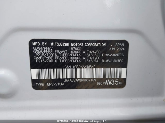 Aukcja sprzedaży 2024 Mitsubishi Rvr Se/sel/noir/gt, vin: JA4AJVAW3RU607169, numer aukcji: 12719388