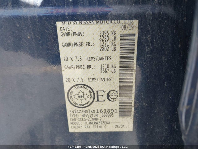 Nissan MURANO SL 2019 5N1AZ2MS3KN163891 Image 9