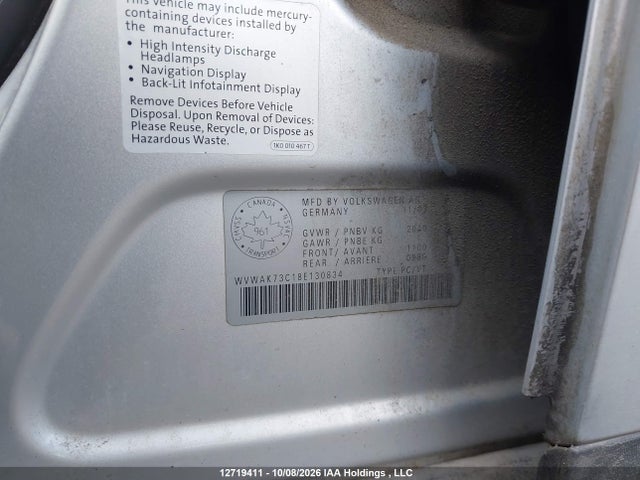 2008 Volkswagen Passat Komfort მანქანა იყიდება აუქციონზე, vin: WVWAK73C18E130834, აუქციონის ნომერი: 12719411