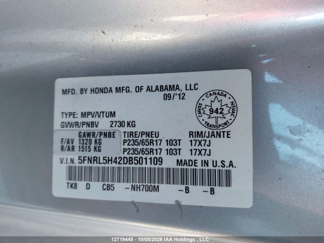 Продажа на аукционе авто 2013 Honda Odyssey Ex, vin: 5FNRL5H42DB501109, номер лота: 12719445