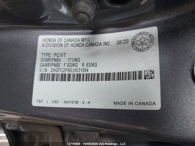 Aukcja sprzedaży 2020 Honda Civic, vin: 2HGFC2F89LH031694, numer aukcji: 12719468