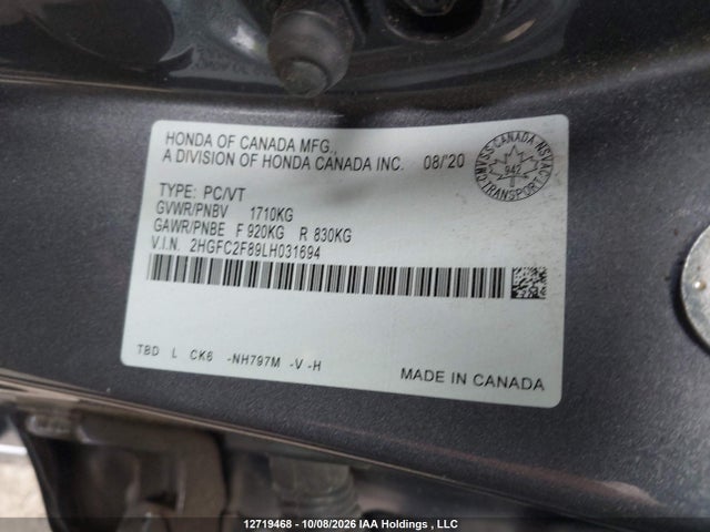 Aukcja sprzedaży 2020 Honda Civic, vin: 2HGFC2F89LH031694, numer aukcji: 12719468