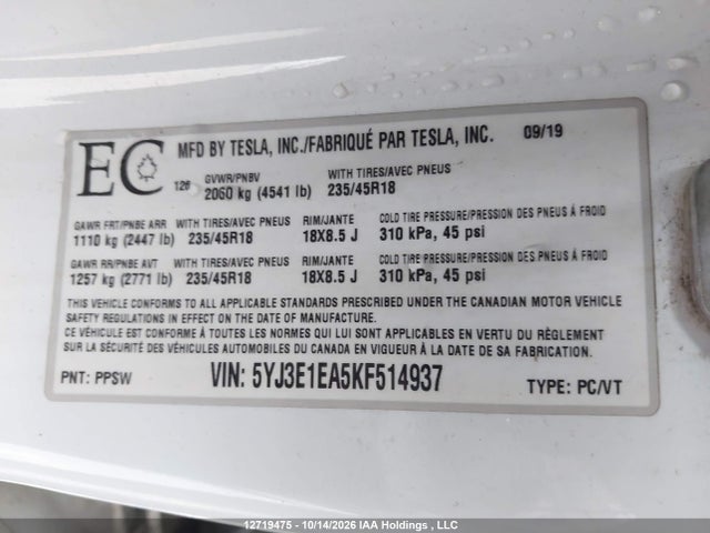 Продажа на аукционе авто 2019 Tesla Model 3 Long Range/mid Range/standard Range/standard Range Plus, vin: 5YJ3E1EA5KF514937, номер лота: 12719475