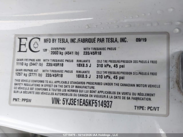 Продажа на аукционе авто 2019 Tesla Model 3 Long Range/mid Range/standard Range/standard Range Plus, vin: 5YJ3E1EA5KF514937, номер лота: 12719475