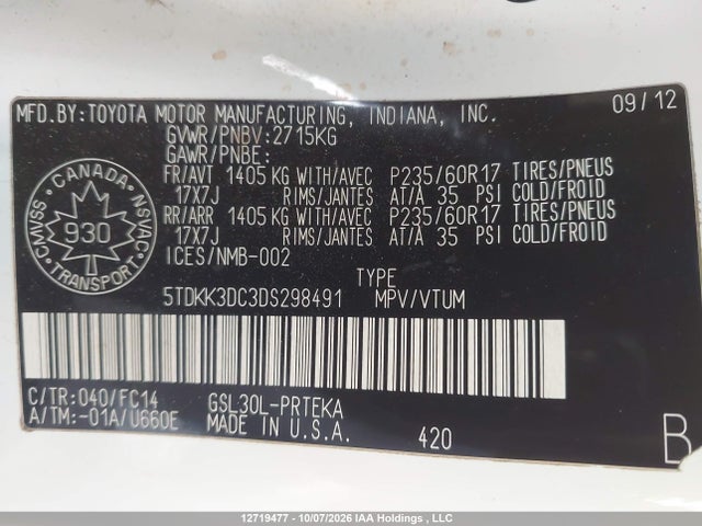 12719477 :رقم المزاد ، 5TDKK3DC3DS298491 vin ، 2013 Toyota Sienna Le مزاد بيع