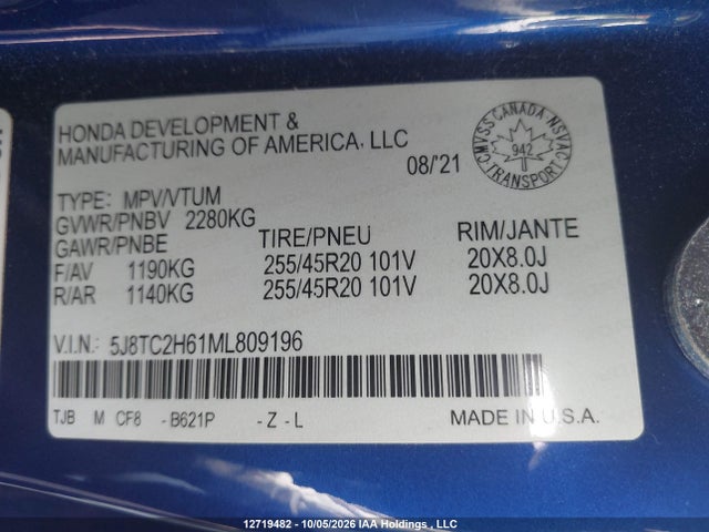 Продаж на аукціоні авто 2021 Acura Rdx A-spec, vin: 5J8TC2H61ML809196, номер лоту: 12719482