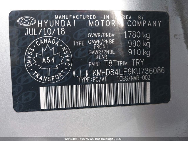 Aukcja sprzedaży 2019 Hyundai Elantra Preferred, vin: KMHD84LF9KU736086, numer aukcji: 12719495