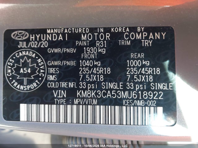 Aukcja sprzedaży 2021 Hyundai Kona Limited, vin: KM8K3CA53MU618922, numer aukcji: 12719511