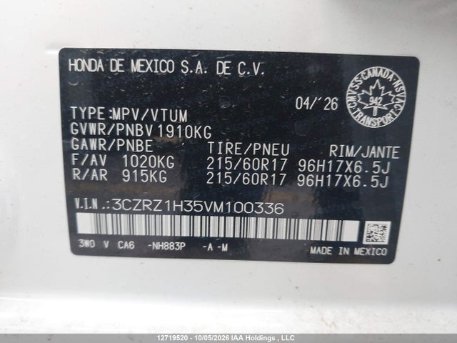3CZRZ1H35VM100336 Honda Hr-v Lx 2wd