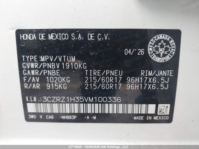 3CZRZ1H35VM100336 Honda Hr-v Lx 2wd