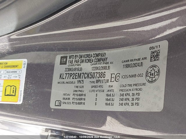 Aukcja sprzedaży 2012 Chevrolet Orlando 1lt/2lt, vin: KL77P2EM7CK507386, numer aukcji: 12719540