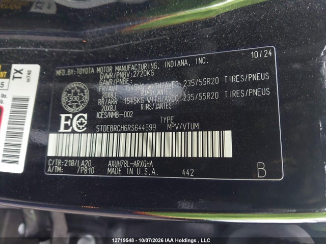 2024 Toyota Highlander Hybrid Limited მანქანა იყიდება აუქციონზე, vin: 5TDEBRCH6RS644599, აუქციონის ნომერი: 12719548