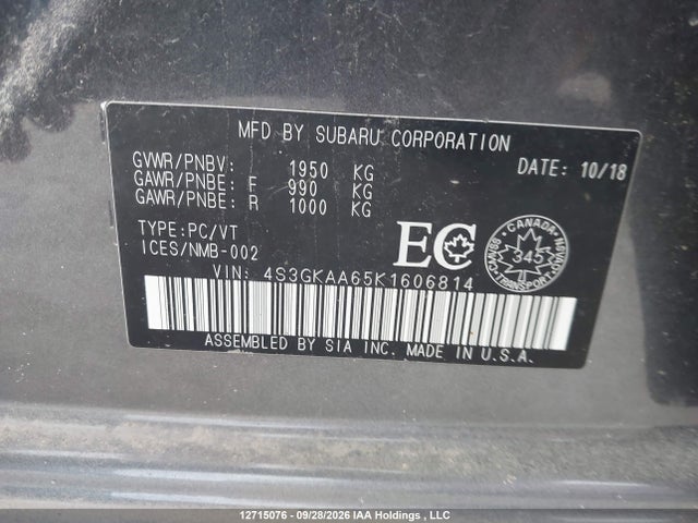 Aukcja sprzedaży 2019 Subaru Impreza Convenience, vin: 4S3GKAA65K1606814, numer aukcji: 12715076