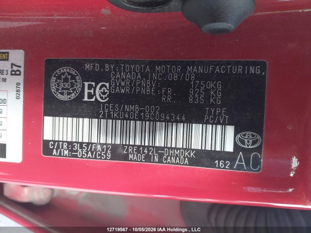 Aukcja sprzedaży 2009 Toyota Matrix, vin: 2T1KU40E19C094344, numer aukcji: 12719567