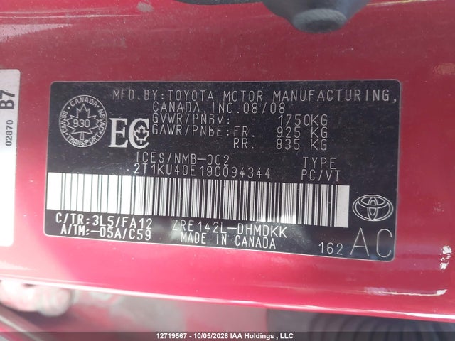 Aukcja sprzedaży 2009 Toyota Matrix, vin: 2T1KU40E19C094344, numer aukcji: 12719567