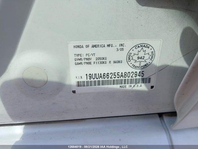 Aukcja sprzedaży 2005 Acura Tl, vin: 19UUA66255A802945, numer aukcji: 12684019
